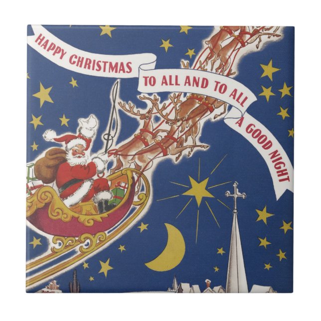 Vintage Christmas Santa Claus With Flying Reindeer Tile (Front)