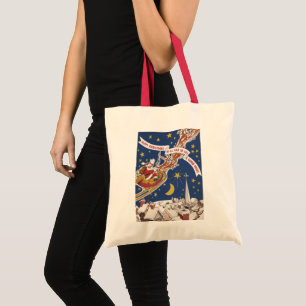 Vintage Christmas Santa Claus With Flying Reindeer Tote Bag