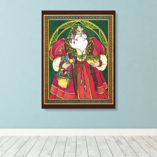 Vintage Christmas, Santa Claus with Holly Leaves Canvas Print