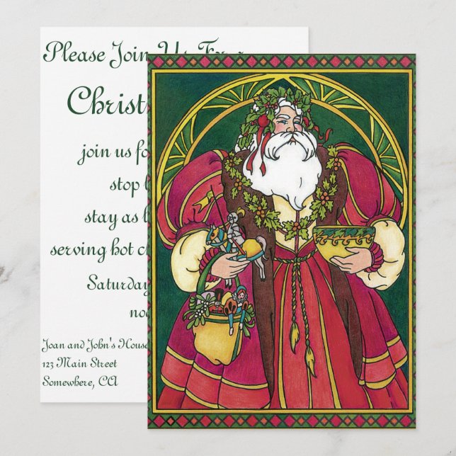 Vintage Christmas, Santa Claus with Holly Leaves Invitation (Front/Back)