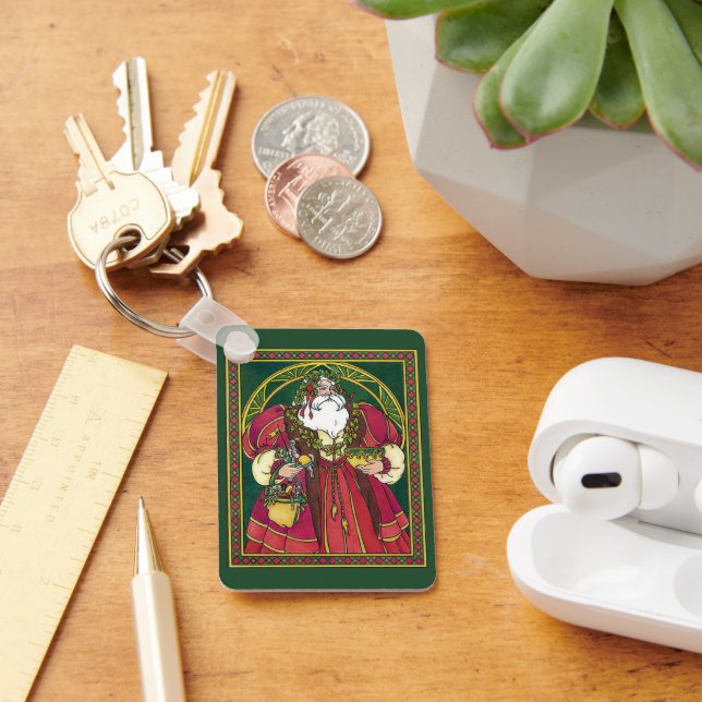 Vintage Christmas, Santa Claus with Holly Leaves Keychain (Desk)