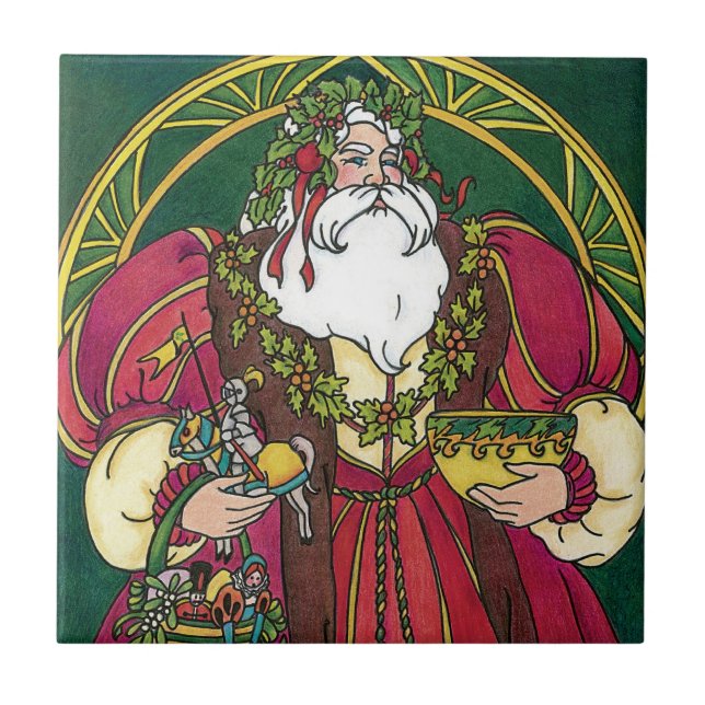 Vintage Christmas, Santa Claus with Holly Leaves Tile (Front)