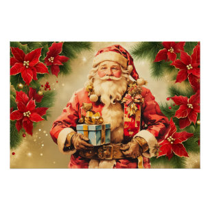 Vintage Christmas Santa Claus with Poinsettia  Poster
