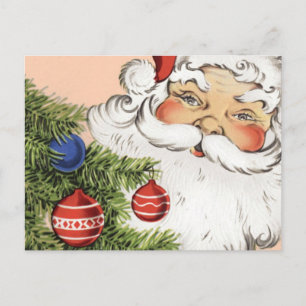 Vintage Christmas Santa Claus with Tree Ornaments Holiday Postcard