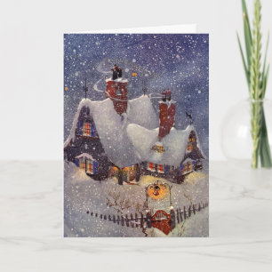 Vintage Christmas, Santa Claus Workshop North Pole Holiday Card