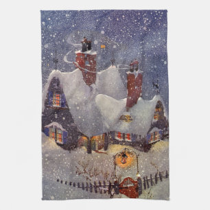 Vintage Christmas, Santa Claus Workshop North Pole Kitchen Towel