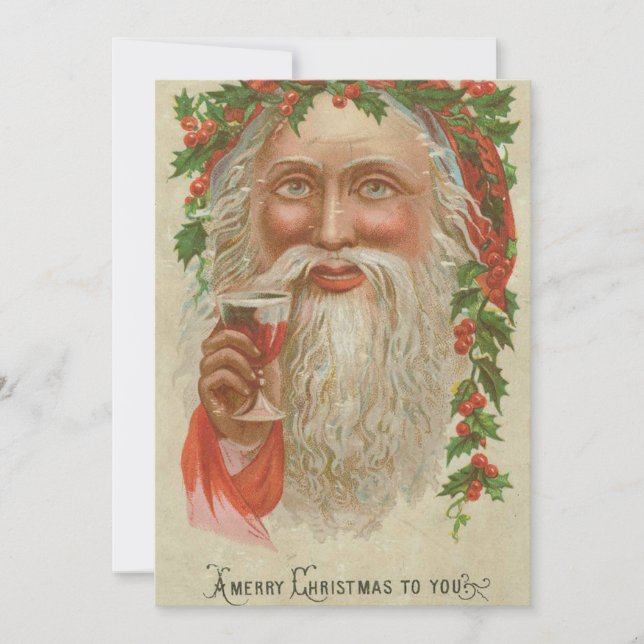 Vintage Christmas Santa Drinking Wine Holiday Card (Front)