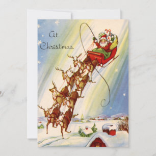 Vintage Christmas Santa Flying Reindeer Holiday Ca Card