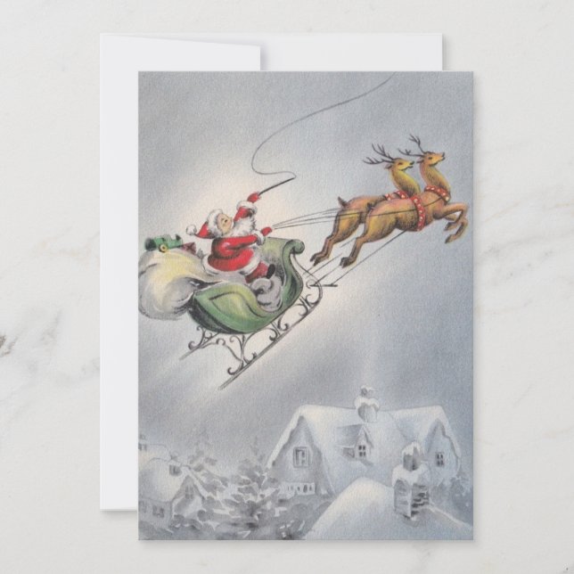 Vintage Christmas Santa Flying Reindeer Holiday Card (Front)