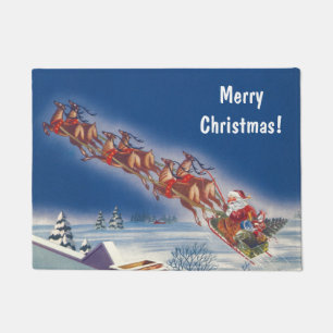 Vintage Christmas, Santa Flying Sleigh w Reindeer Doormat