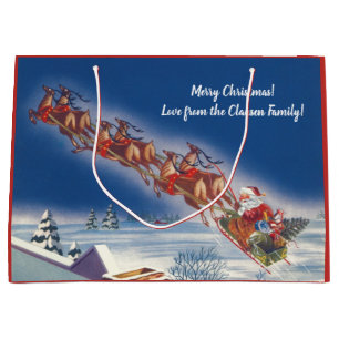Vintage Christmas, Santa Flying Sleigh w Reindeer Large Gift Bag