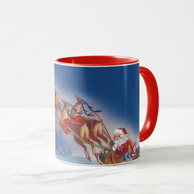 Vintage Christmas, Santa Flying Sleigh w Reindeer Mug (Front Right)