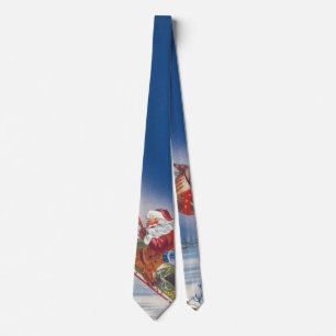 Vintage Christmas, Santa Flying Sleigh w Reindeer Tie