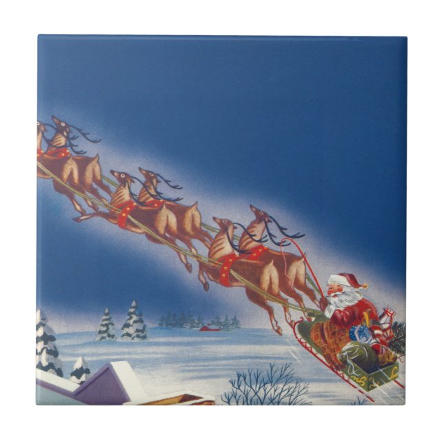 Vintage Christmas, Santa Flying Sleigh w Reindeer Tile (Front)