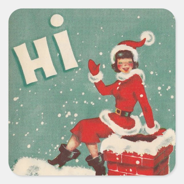 Vintage Christmas Santa Girl On Rooftop Square Sticker (Front)