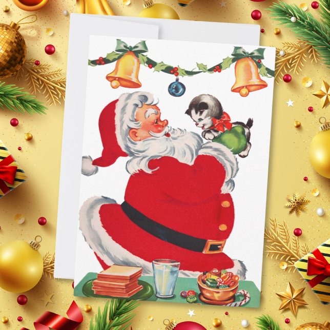 Vintage Christmas Santa Holding Kitten Holiday Card (Creator Uploaded)