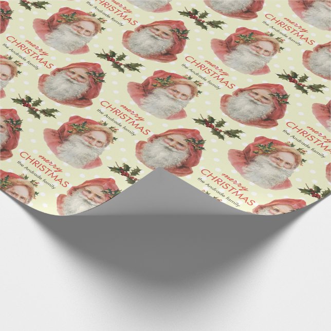 Vintage Christmas Santa Holly Beige Personalized Wrapping Paper (Corner)
