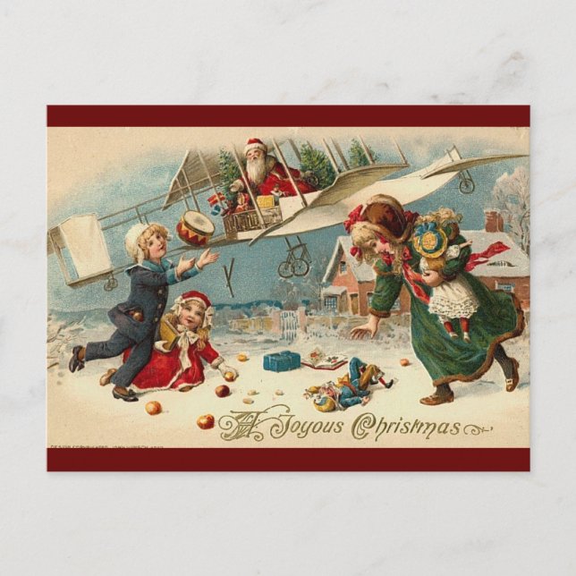 Vintage Christmas santa in airplane children toys Postcard (Front)