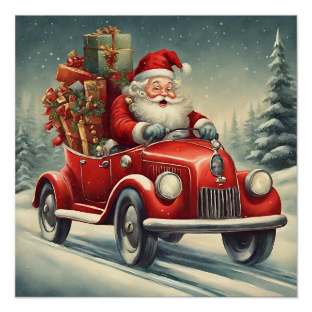 Vintage Christmas Santa in Red Car  Poster (Front)