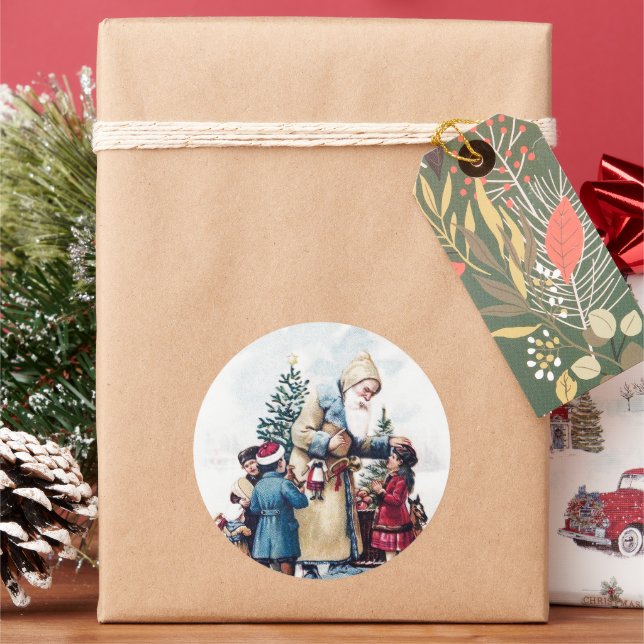 vintage Christmas Santa kids Holiday Classic Round Sticker (Holiday)