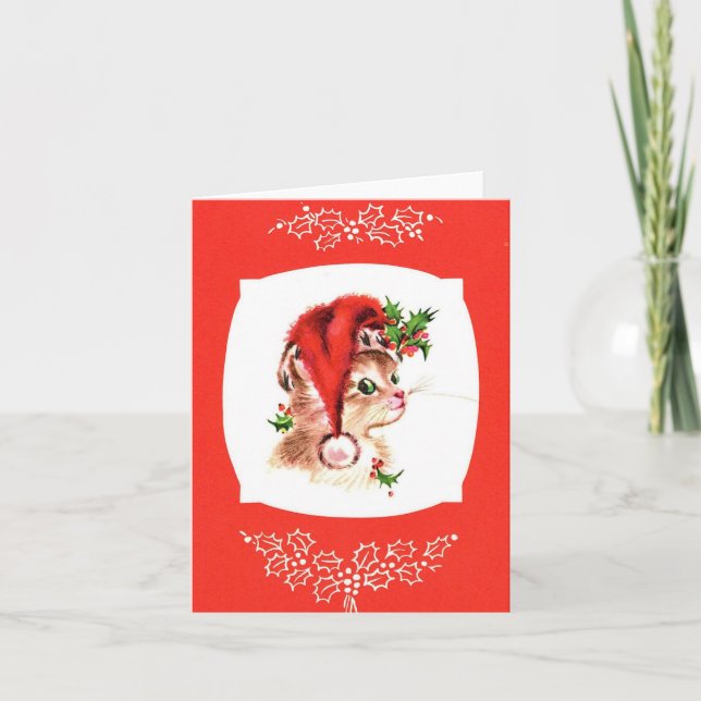 Vintage Christmas Santa Kitten Card (Front)
