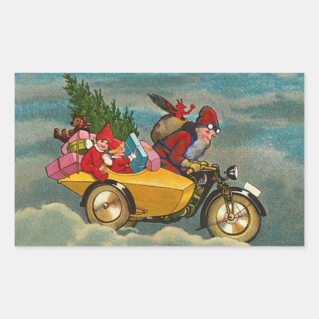Vintage Christmas santa on motorbike rectangle Sticker (Front)