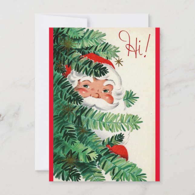 Vintage Christmas Santa Peeking Around Tree Holiday Card (Front)