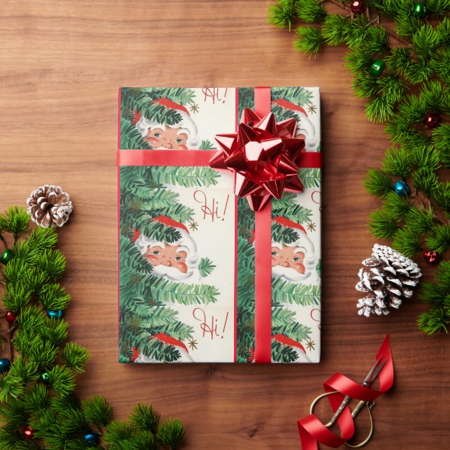 Vintage Christmas Santa Peeking Around Tree Wrapping Paper (Holiday Gift)