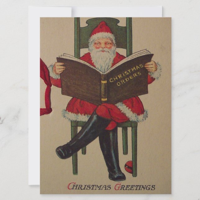 Vintage Christmas Santa Reading Book Holiday Card (Front)