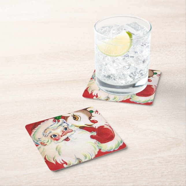 Vintage Christmas Santa reindeer party coaster (Insitu)