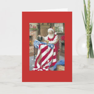 Vintage Christmas - Santa Sewing an American Flag, Card