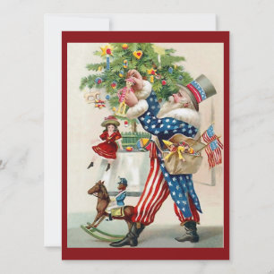 Vintage Christmas Santa Uncle Sam Decorating Tree Holiday Card