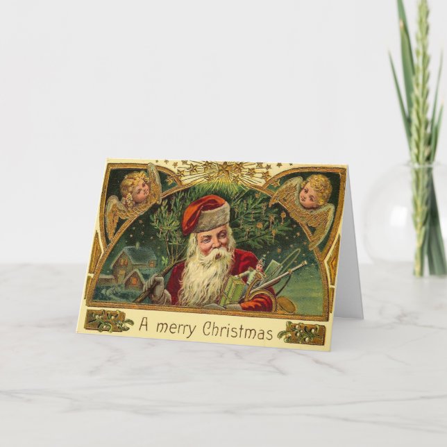 Vintage Christmas Santa with Cherub Angels Holiday Card (Front)