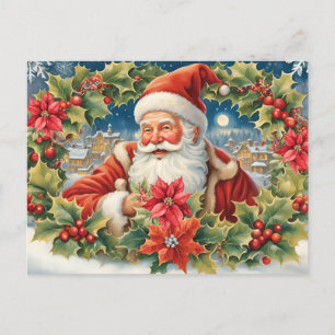 Vintage Christmas Santa With Poinsettia Wreath Holiday Postcard