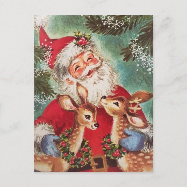 Vintage Christmas Santa With Reindeer Holiday Postcard (Front)
