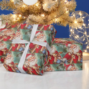 Vintage Christmas Santa With Reindeer Wrapping Paper