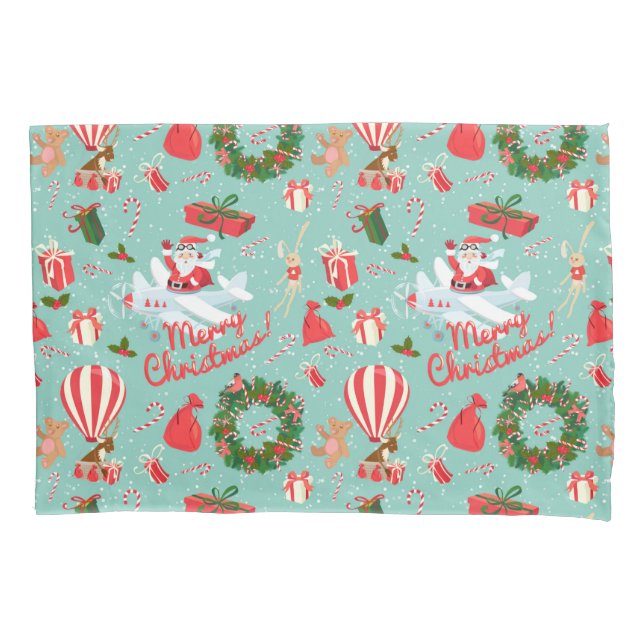 Vintage Christmas, Santa, wreath, Teddy Bear Pillowcase (Front)