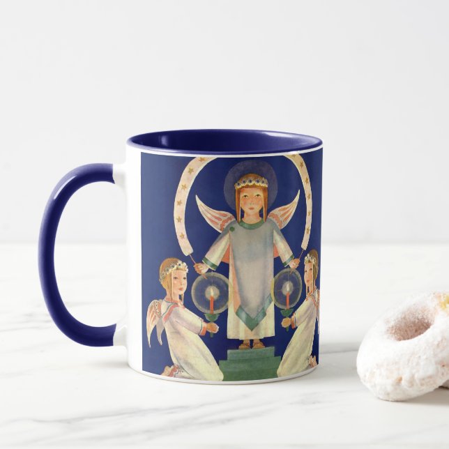 Vintage Christmas, Scandinavian Santa Lucia Angels Mug (With Donut)
