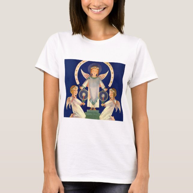 Vintage Christmas, Scandinavian Santa Lucia Angels T-Shirt (Front)