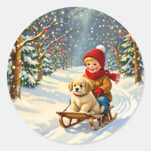 Vintage Christmas Scene, Boy on Sled with Puppy Classic Round Sticker
