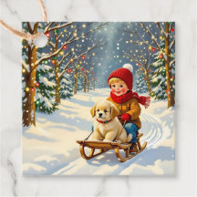Vintage Christmas Scene, Boy on Sled with Puppy