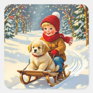 Vintage Christmas Scene, Boy on Sled with Puppy Square Sticker
