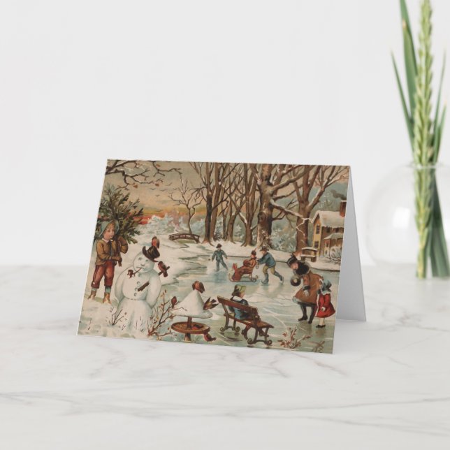Vintage Christmas scene ice skating Holiday Card (Front)