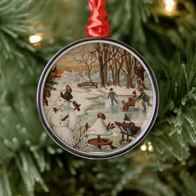 Vintage Christmas scene ice skating Metal Ornament (Tree)