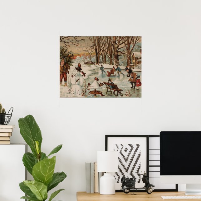 Vintage Christmas scene ice skating Poster (Home Office)