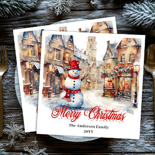 Vintage Christmas scene napkin red green hand draw