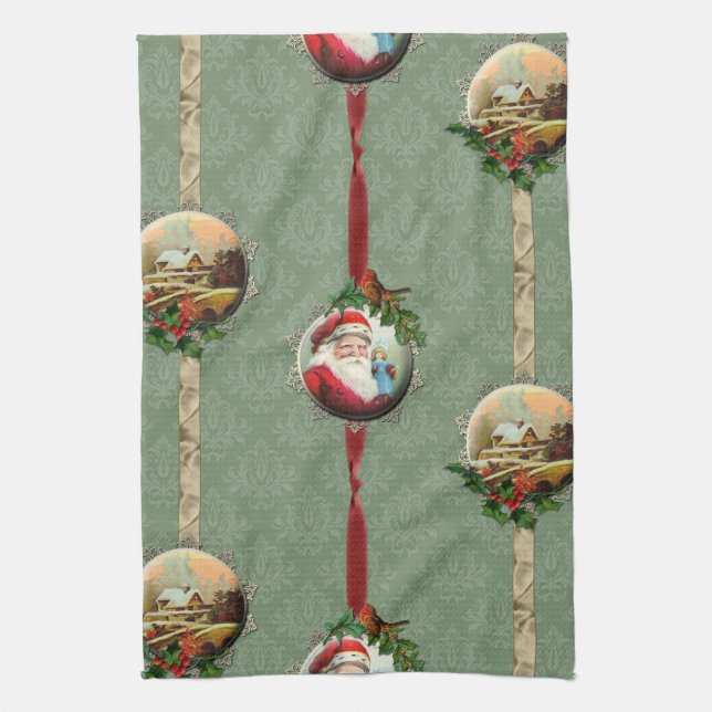 Vintage Christmas Scenes and Damask Kitchen Towel (Vertical)