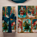 Vintage Christmas Scenes in Gold Gothic Borders Wrapping Paper<br><div class="desc">Festive and colourful vintage repeating holiday pattern featuring restored Victorian greeting card illustrations depicting scenes of Father Christmas and children,  each framed in an ornate,  Gothic stained glass style ornamental gold borders.</div>