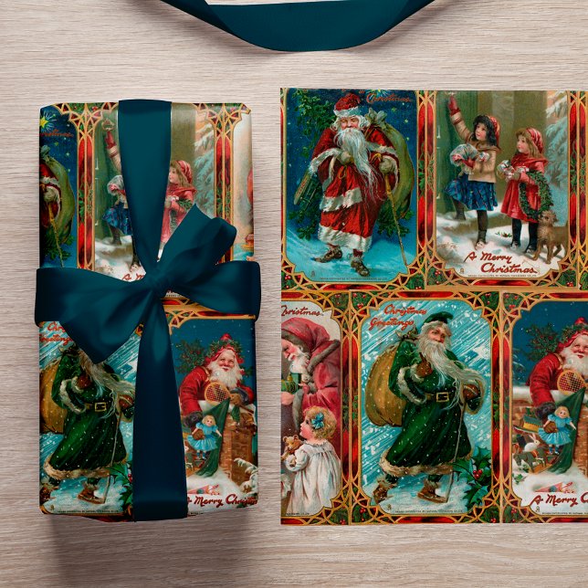 Vintage Christmas Scenes in Gold Gothic Borders Wrapping Paper (Creator Uploaded)