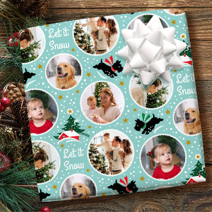 Vintage Christmas Scottie Dog Photo Collage Aqua Wrapping Paper